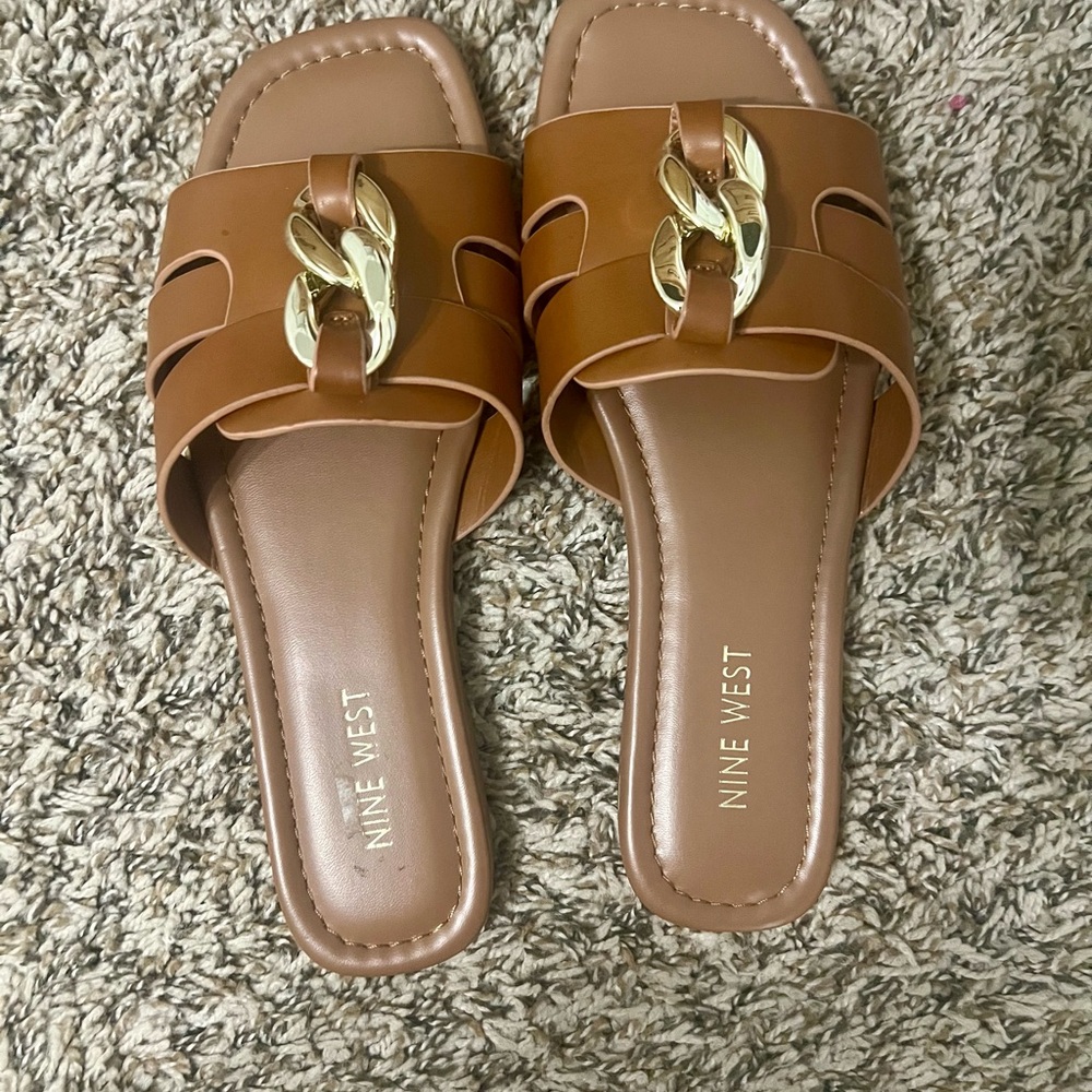 Nine West Tan Slide Sandals with Gold Accents